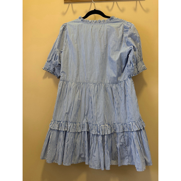 J.Crew Blue White Ruffle Neck Tiered Popover Dress Size Medium Petite Spring NWT - Picture 3 of 10